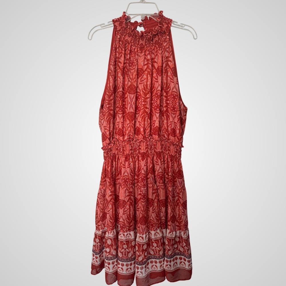 Taylor Red Floral Halter Neck Smocked Waist Metallic Midi Dress Womens